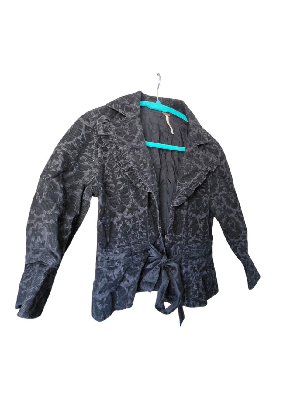Free People Black Damask Flocked Velvet Ruffle Peplum Blazer Jacket Small